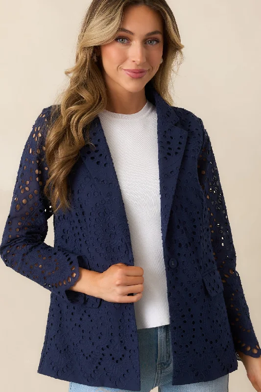In Your Element Navy Cotton Eyelet Embroidered Blazer