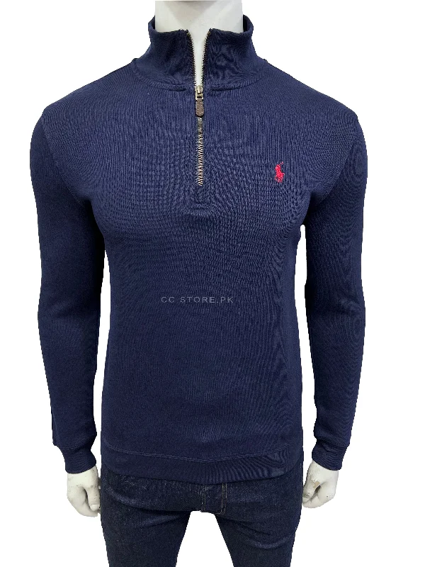 Warm Men's Hooded SweatersRL Cotton Quarter Zipper Navy Blue Jumper