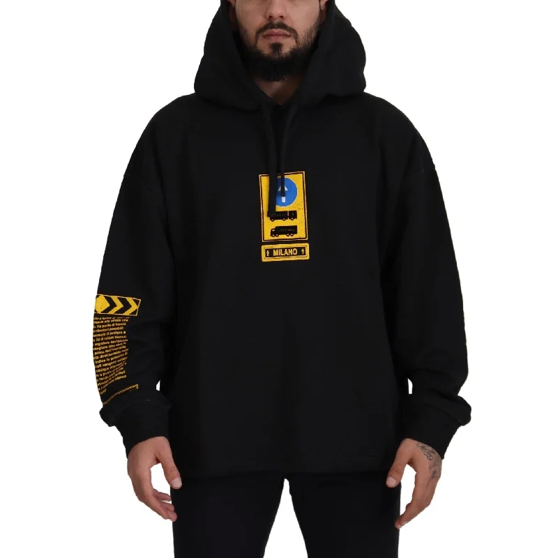 Men's Sweaters with Hidden PocketsDolce & Gabbana Elegant Black Cotton Hooded Men's Sweater