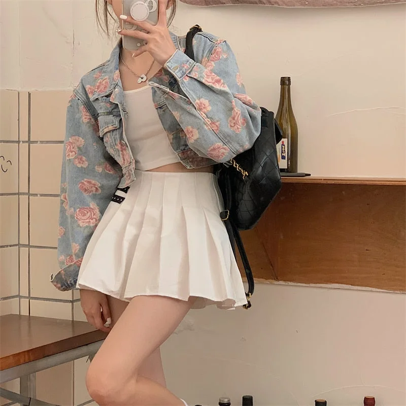 Designer Men's JeansKittenAlarm - Rose Pattern Loose Short Jeans Jacket