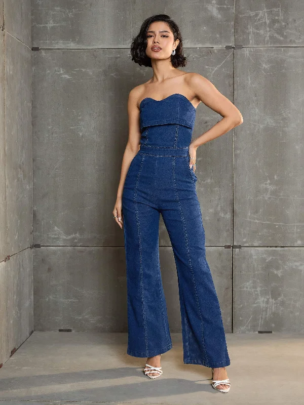 Men's Straight-Leg JeansWomen Navy Blue Denim Off Shoulder Jumpsuit