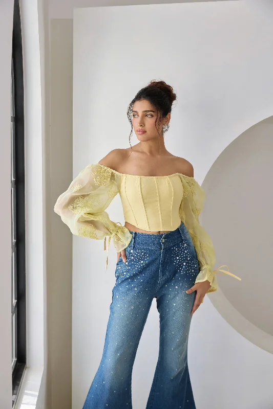 Yoked Back Men's JeansSasha Yellow Embroidered Organza Sleeve Corset Top