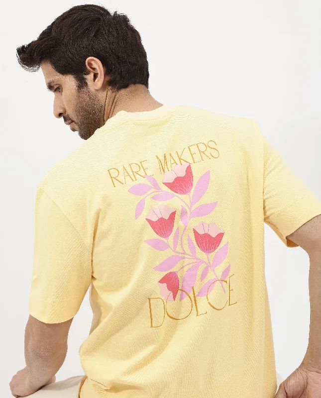 Men's Unique and Designer TopsRare Rabbit Articale Mens Beck Dusky Yellow Cotton Fabric Short Sleeve Crew Neck Oversized Fit Graphic Printed T-Shirt