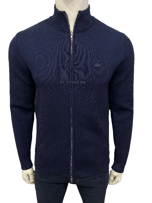 Men's Sweaters with Roll-Neck DesignsLacoste High Neck Zipped Wool Navy Blue Cardigan Men's Sweaters with Roll-Neck DesignsLacoste High Neck Zipped Wool Navy Blue Cardigan
