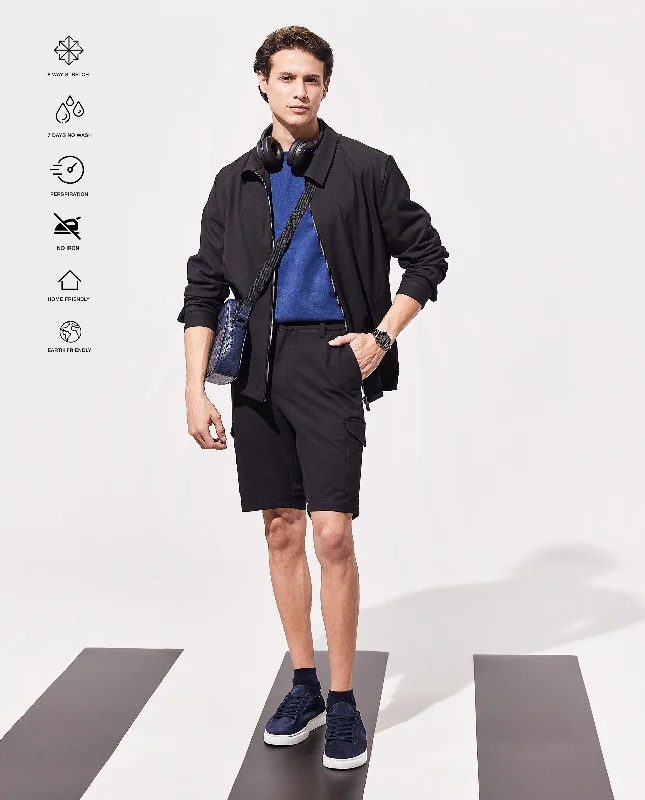 Men's Pants with Reflective Stripes for SafetyRare Rabbit Men Tripco Black Button And Zip Closure Relaxed Fit Plain Shorts