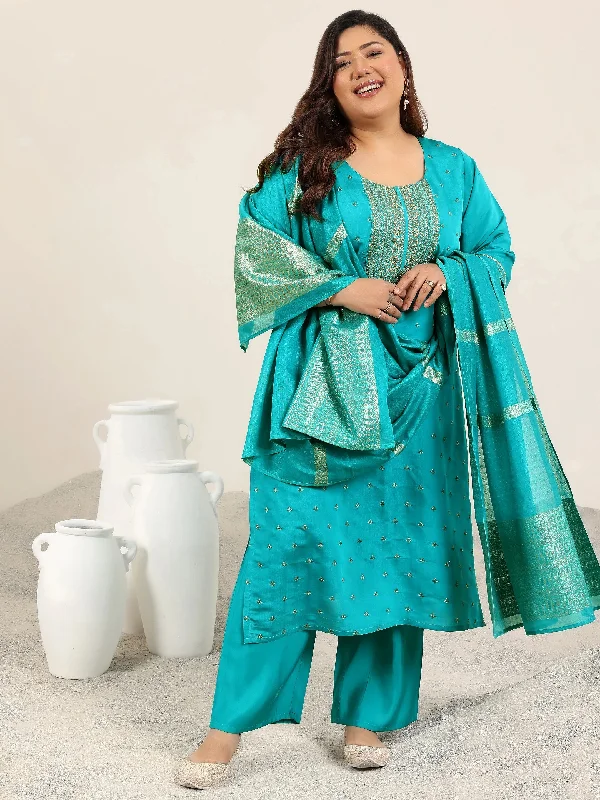 Plus Size Teal Yoke Design Silk Blend Straight Suit With Dupatta