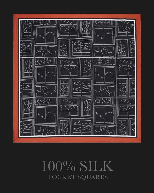 Rare Rabbit Men's Noaa Black Silk Fabric Monogram Print Pocket Square
