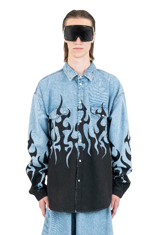 Vetements Flame Print Denim Shirt in Light Blue
