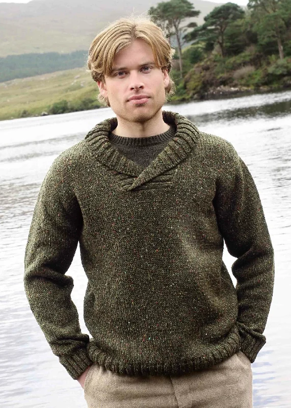 Men's Sweaters in Earthy TonesDonegal Wool Shawl Neck Sweater | Forest Green
