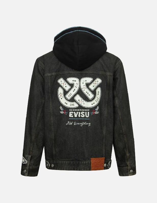 Flexible Men's JeansEthnic-inspired Wheel of Wisdom Print and Embroidery Relax Fit Denim Jacket