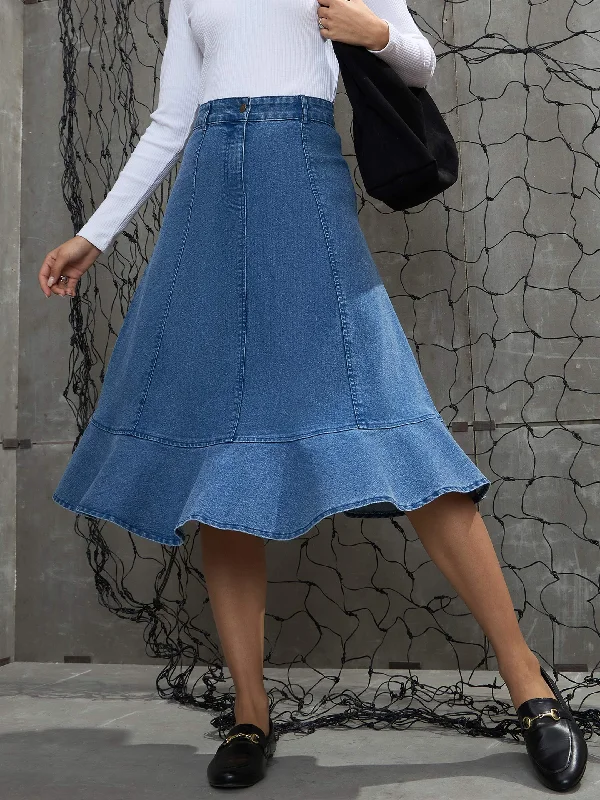 Oversized Relaxed-Fit Men's JeansWomen Blue Washed Denim Flared Hem Skirt