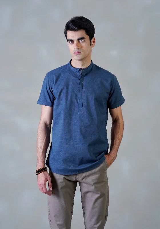 Men's Versatile Dress Shirts for Multiple OccasionsNavy Blue Band Collar Shirt