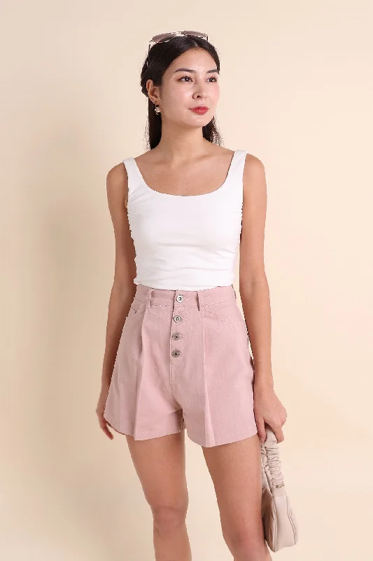 Men's Pants with Logo EmbossmentsMADEBYNM LORITA BUTTON DOWN DENIM SHORTS IN LEMONADE PINK [XXS/XS/S/M/L/XL]