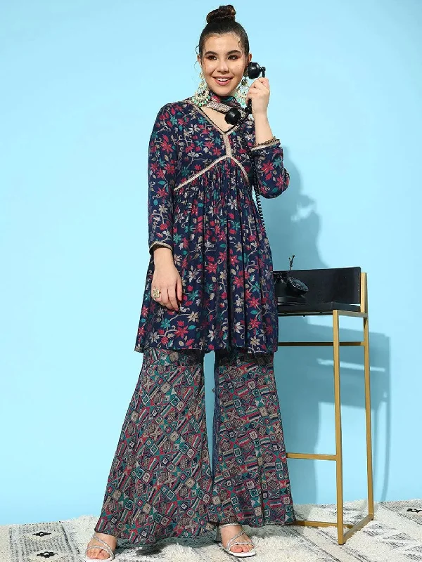 Navy Blue Printed Silk Blend A-Line Sharara Suit Set With Dupatta