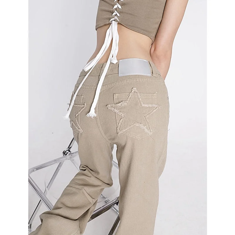 Men's Tapered JeansKittenAlarm - Women's Khaki Wide Leg Jeans Star Pocket Vintage Straight Pants High Waist Baggy Streetwear Casual Brown Denim Trouser Ladies