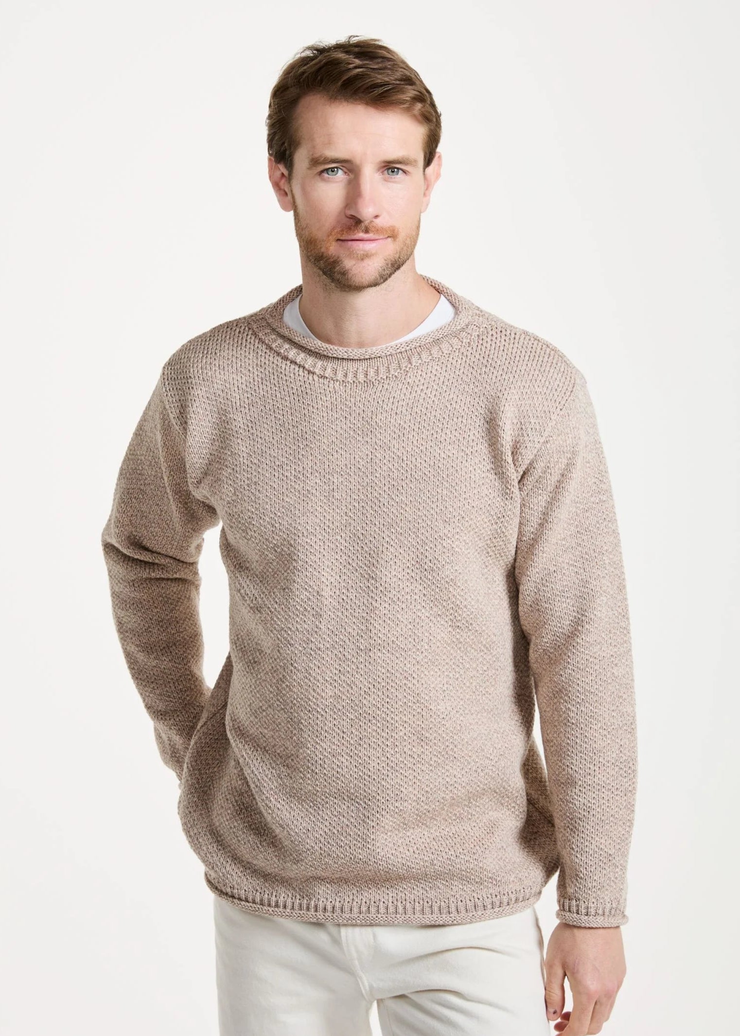 Men's Sweaters with Pockets and ZippersAran Roll Neck Sweater | Oatmeal