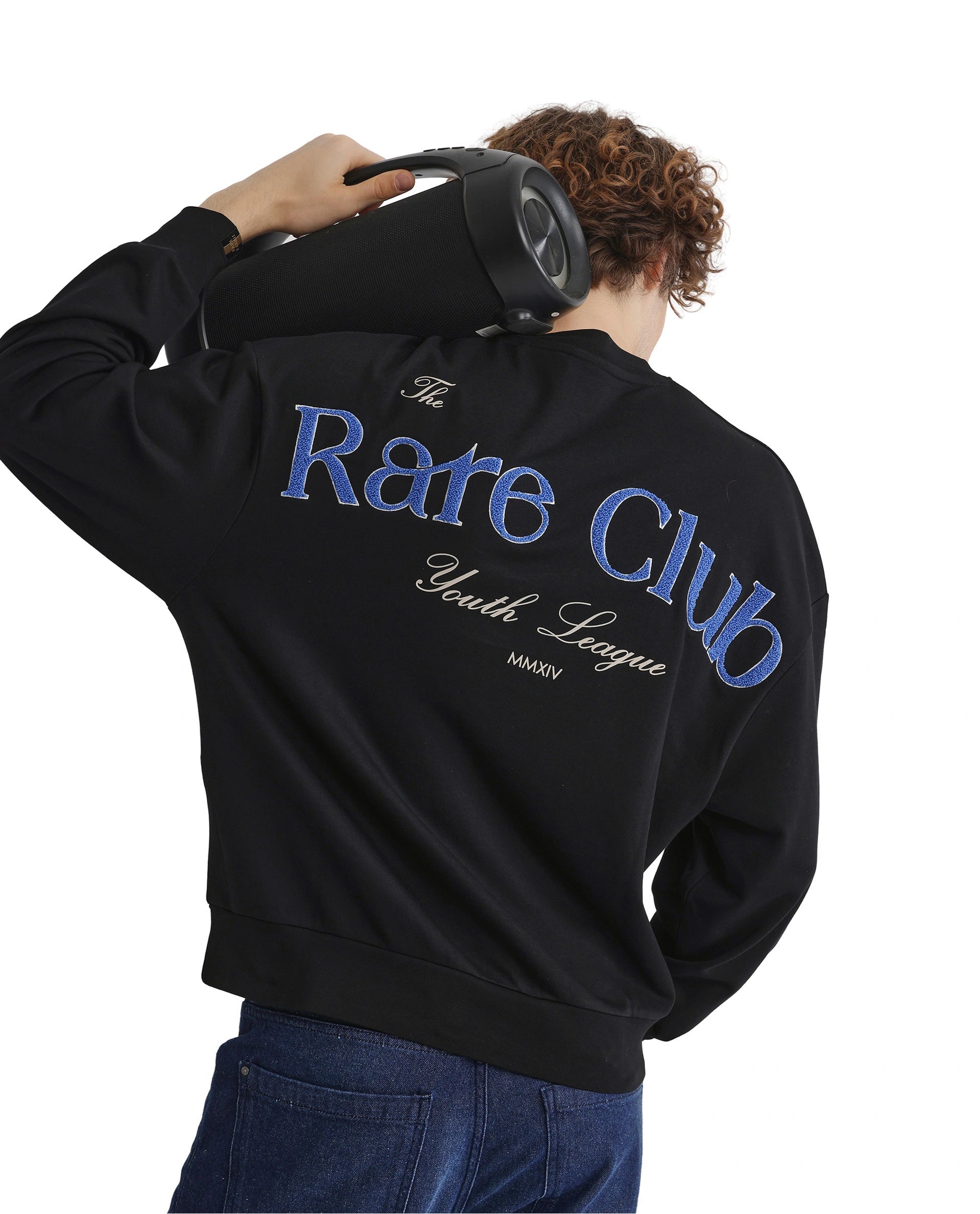 Men's Hoodies with Adjustable SleevesRare Rabbit Men Gordes Black Cotton Polyester Fabric Full Sleeve Crew Neck Boxy Fit Printed Sweatshirt