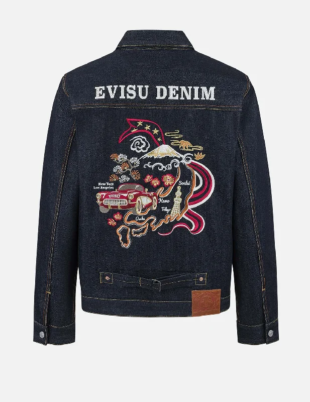 Baggy Cargo Men's JeansMap Appliqué Embroidery Regular Fit Denim Jacket