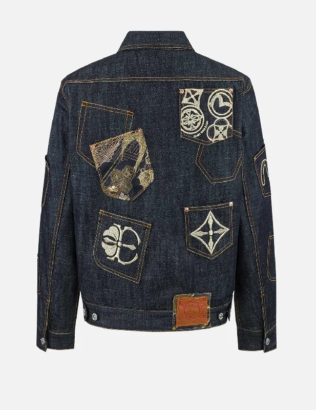 Leather Patch Embellished Men's JeansMulti-Pocket with Brocade Patch Regular Fit Denim Jacket