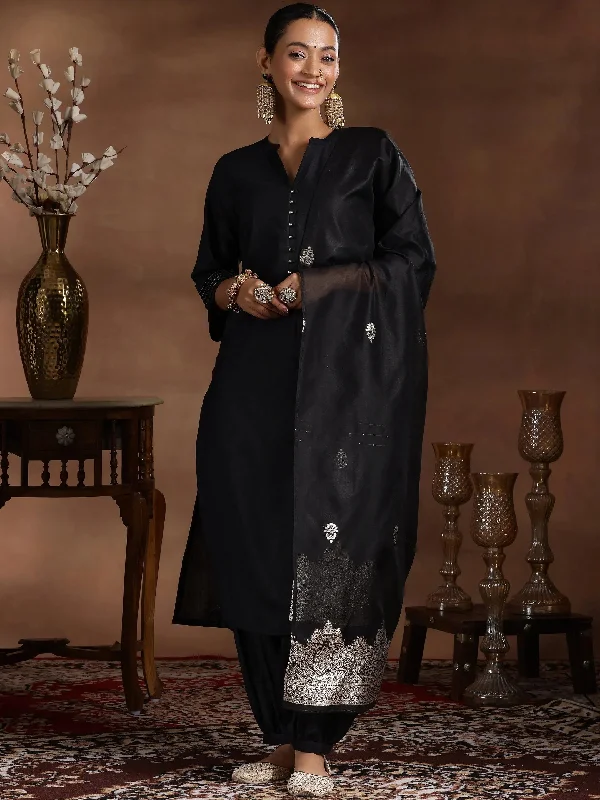 Black Solid Cotton Blend Straight Suit With Dupatta