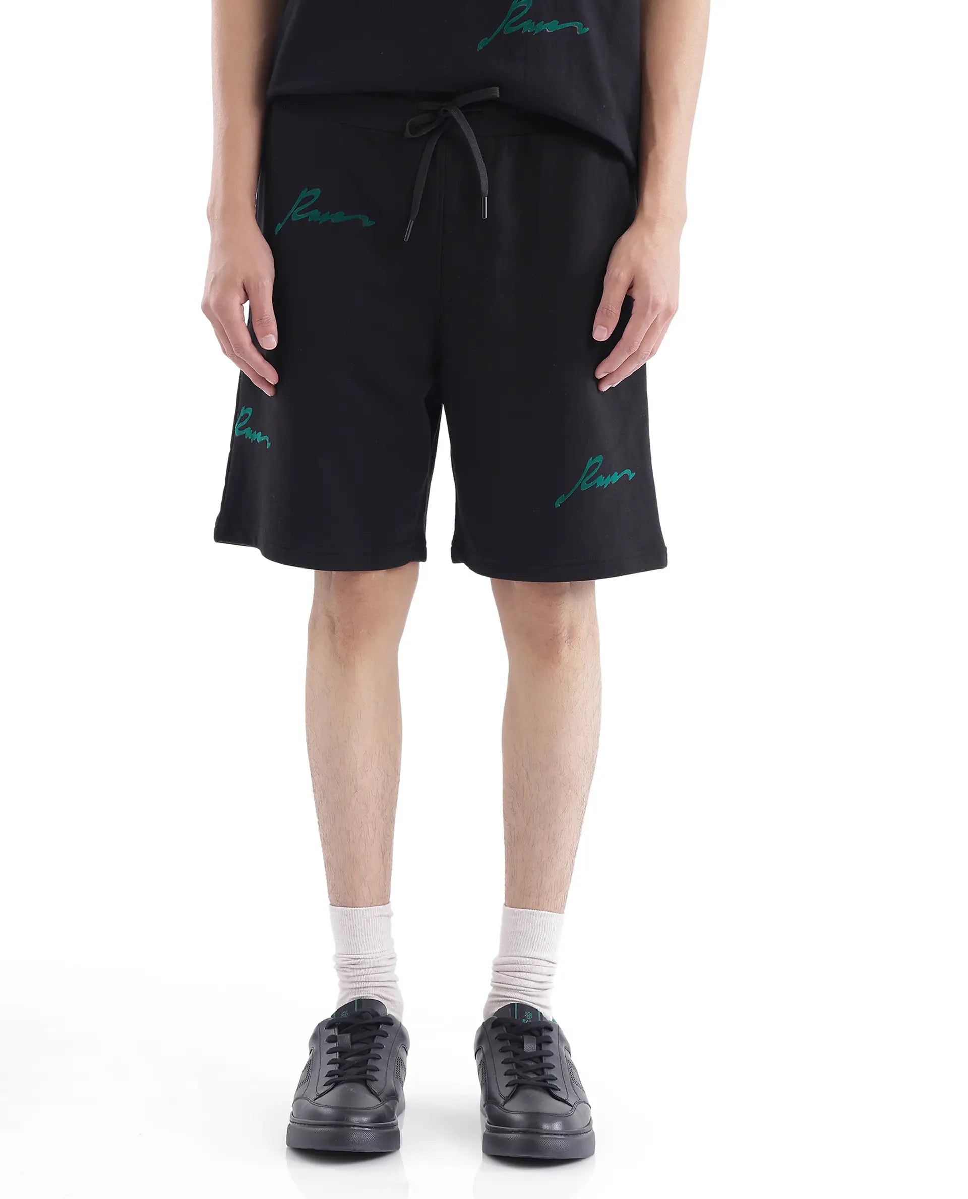 Men's Pants with Side PocketsRare Rabbit Men Erken-B Black Cotton Polyester Fabric Short Sleeve Boxy Fit Typography Print Shorts