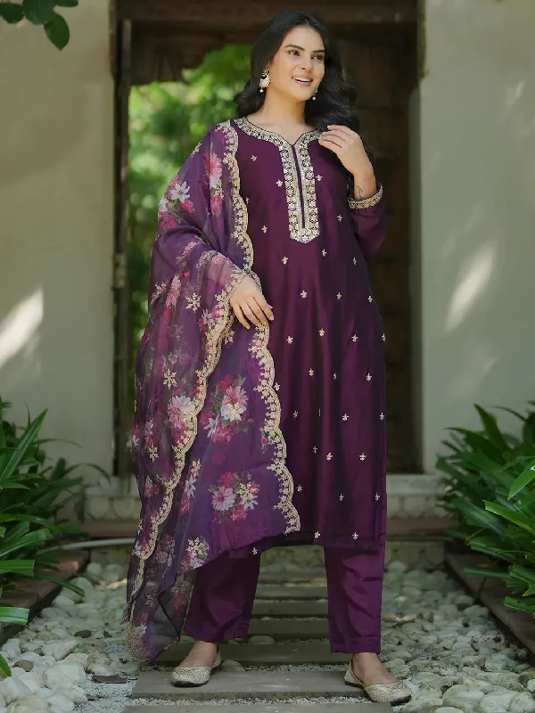 Wine Embroidered Silk Blend Straight Suit With Dupatta
