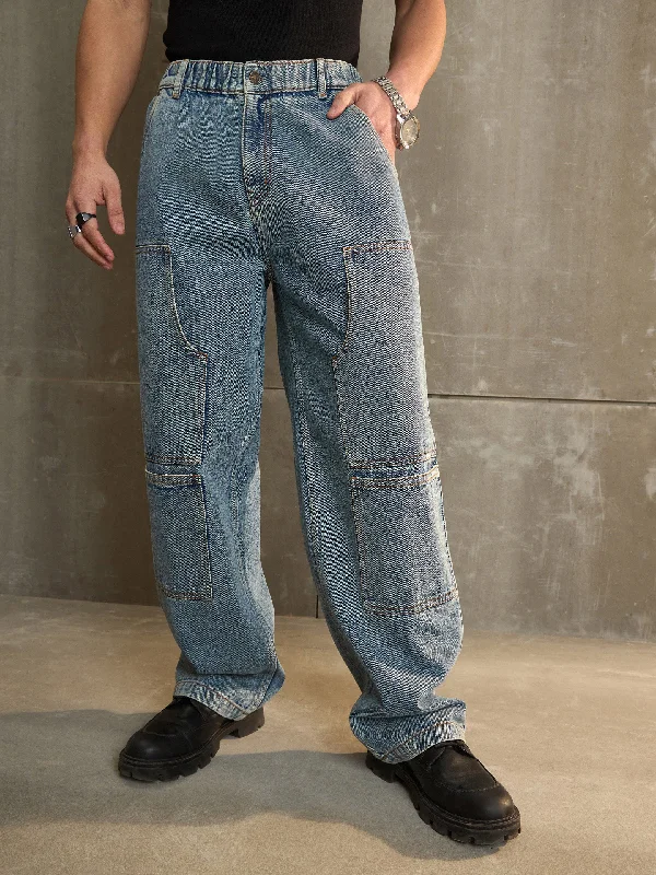 Men's Jeans with Embroidered LogosMen Blue Washed Wide Leg Carpenter Jeans