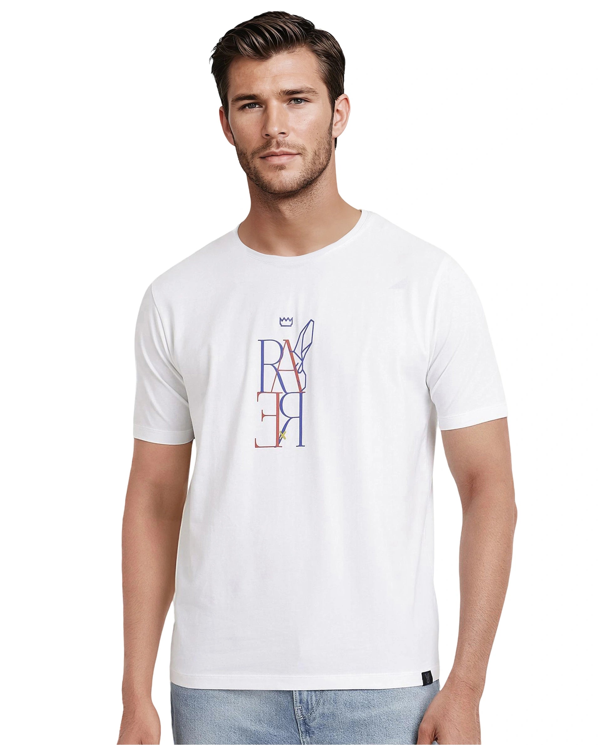Men's Shirts with Double-Breasted DesignsRare Rabbit Men Keat White Short Sleeves Crew Neck Regular Fit Hd Graphic Print T-Shirt Men's Shirts with Double-Breasted DesignsRare Rabbit Men Keat White Short Sleeves Crew Neck Regular Fit Hd Graphic Print T-Shirt