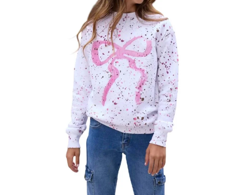 Men's Shirts with Adjustable HemlinesGirls Splatter Bow Oversized Crew Sweatshirt In White
