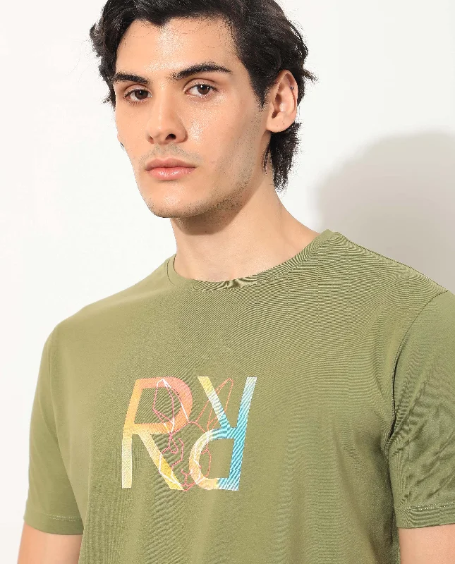Men's Shirts with Asymmetrical HemlinesRare Rabbit Men's Tack Olive Crew Neck Graphic Printed Half Sleeves Slim Fit T-Shirt Men's Shirts with Asymmetrical HemlinesRare Rabbit Men's Tack Olive Crew Neck Graphic Printed Half Sleeves Slim Fit T-Shirt