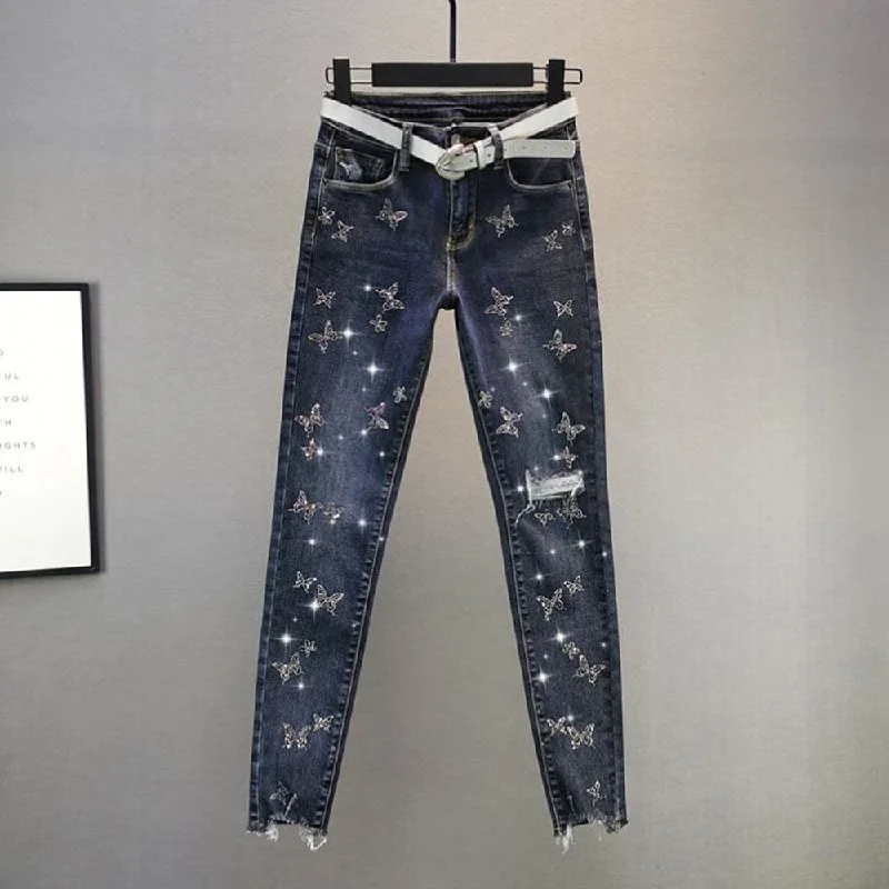 Men's Jeans with Stretch FabricKittenAlarm - Hot Sales High Waist Jeans Women Beading Butterfly Fashion Ripped Jeans Casual Plus size Stretch Jeans Female Washed Denim Pencil Pants
