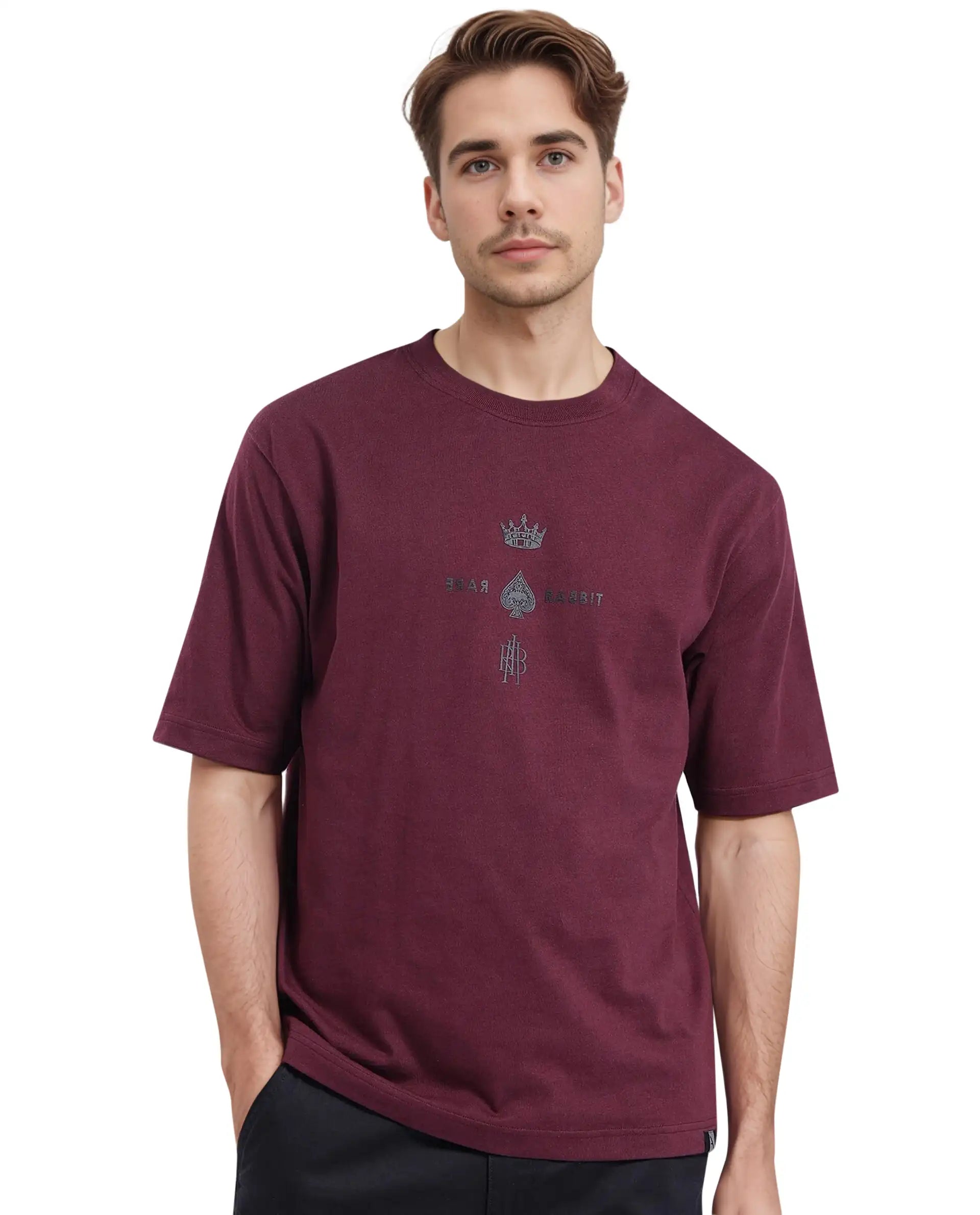 Men's Shirts with Pleated HemlinesRare Rabbit Men Ello Dark Maroon Short Sleeve Crew Neck Boxy Fit HD Print T-Shirt