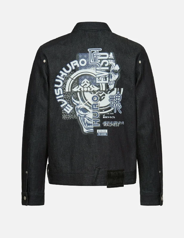 High-Waisted Men's JeansHannya and Kamon Collage Print Denim Jacket