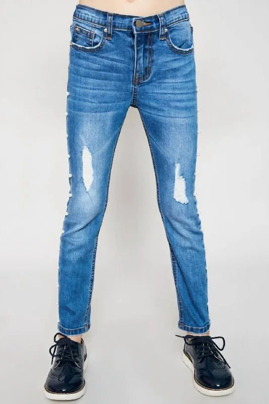 Premium Men's JeansGirls - Distressed Side Pearl Denim Jean In Mid Denim