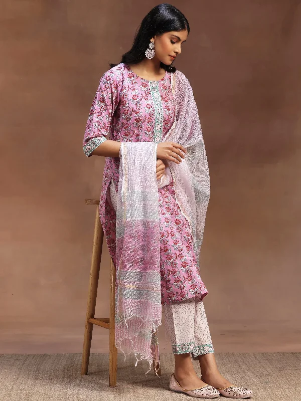 Pink Printed Cotton Straight Suit With Dupatta