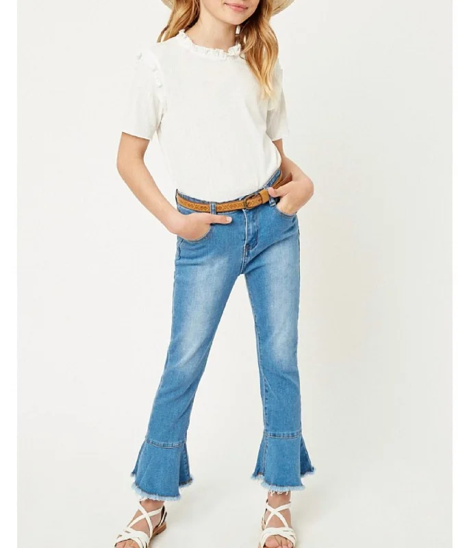 Men's Jeans with a Destroyed LookGirls Cropped Frill Flare Jeans In Denim