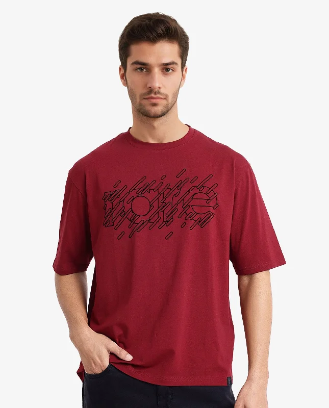 Men's Shirts with Hook-and-Loop ClosuresRare Rabbit Men Ammon Red Cotton Lycra Fabric Short Sleeve Crew Neck Oversized Fit Graphic Print T-Shirt