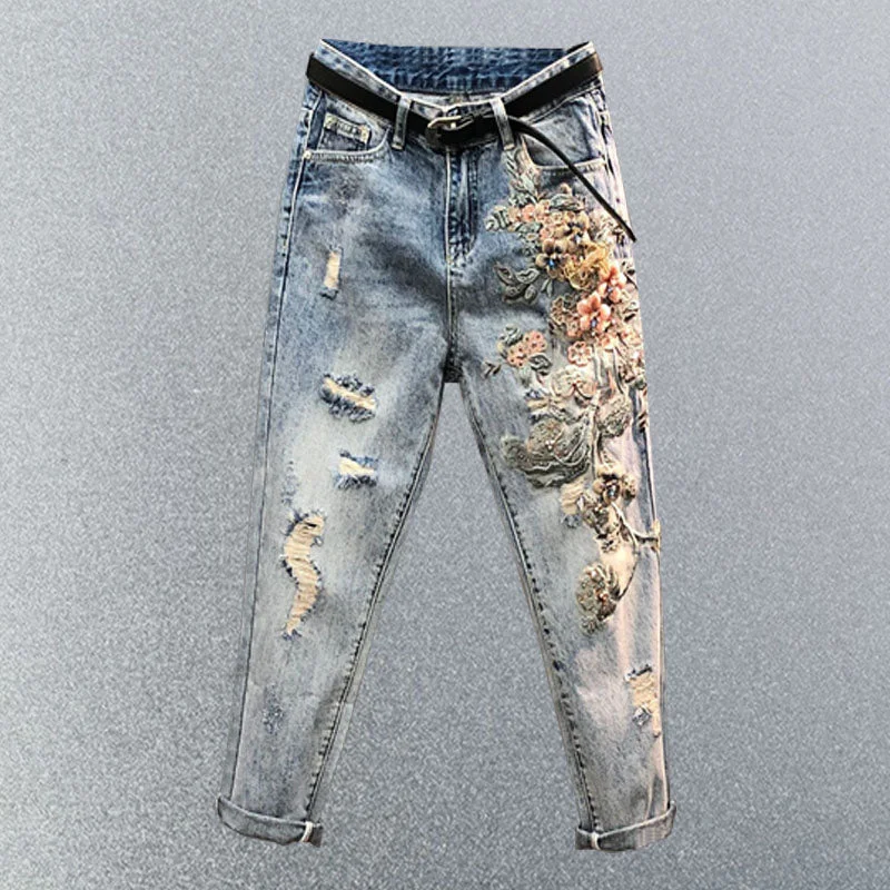 Latest Designer Men's JeansKittenAlarm - Embroidered High Waist Jeans Women's Summer Heavy Industry Beads Loose Slimming Holes Harem Pants Cropped Baggy Denim Pants Latest Designer Men's JeansKittenAlarm - Embroidered High Waist Jeans Women's Summer Heavy Industry Beads Loose Slimming Holes Harem Pants Cropped Baggy Denim Pants