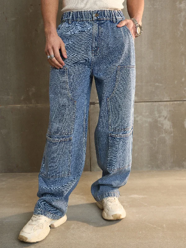Hipster Skinny Men's JeansMen Navy Washed Wide Leg Carpenter Jeans