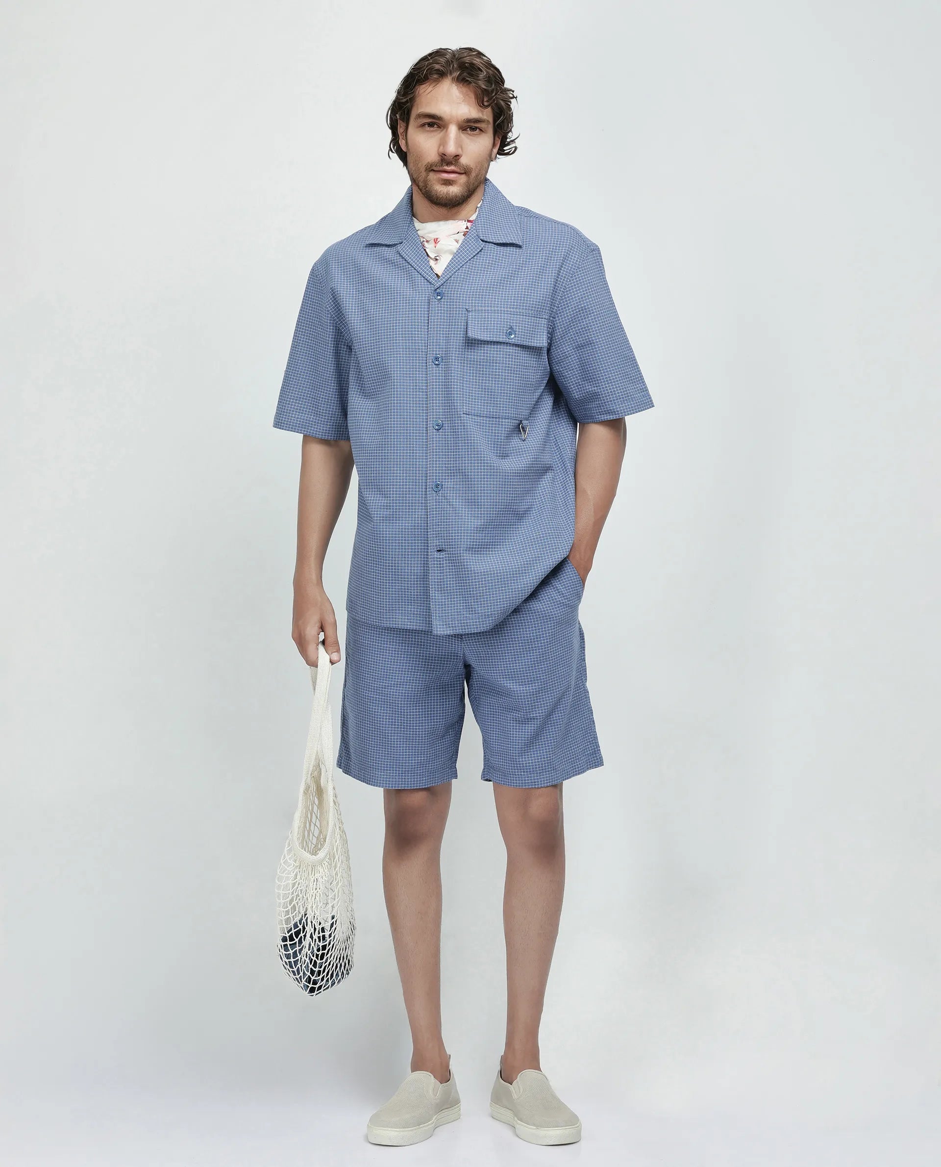 Men's Corduroy Pants for FallRare Rabbit Men Dorn Blue Cotton Elastane Fabric Relaxed Fit Pleated Checked Shorts