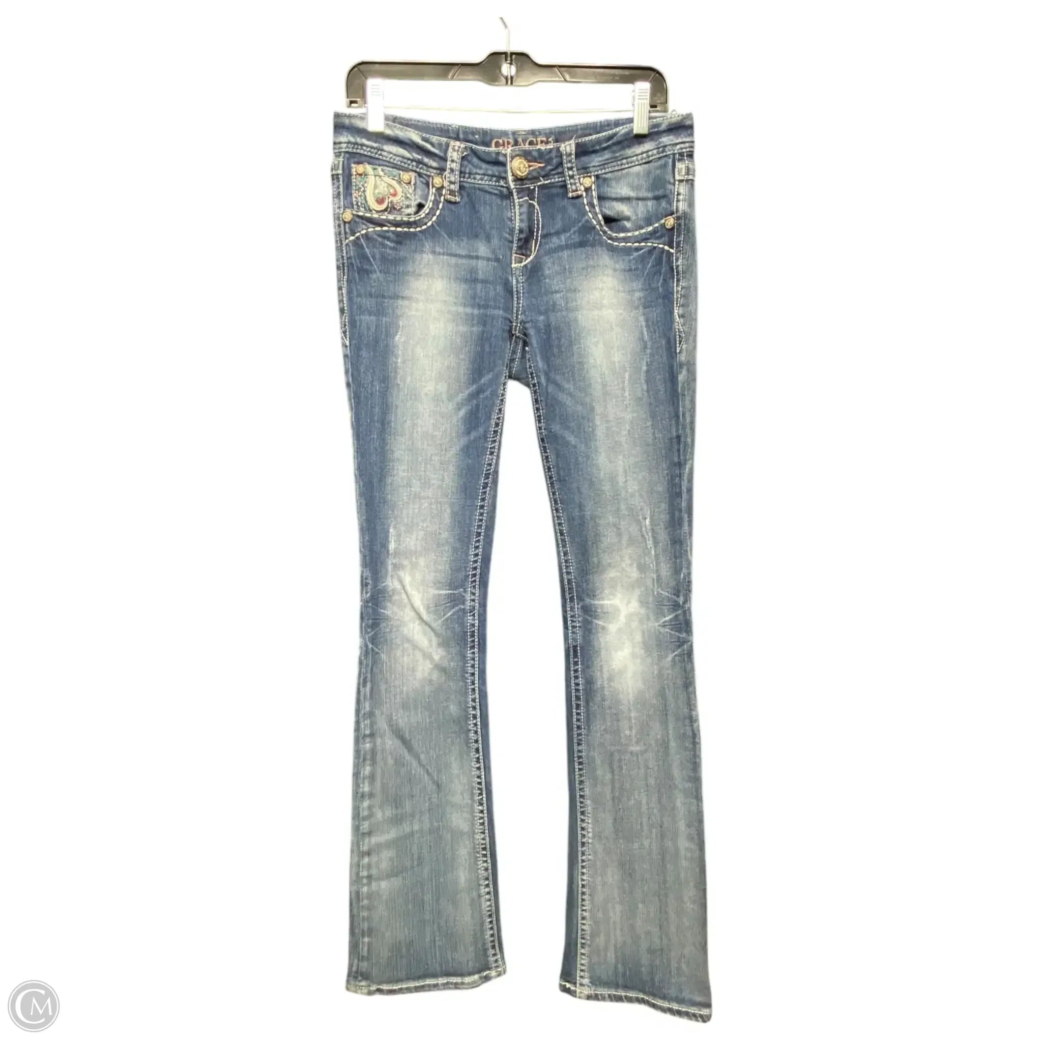 New Arrival Designer Men's JeansJeans Boot Cut By Grace In Blue Denim, Size: 6