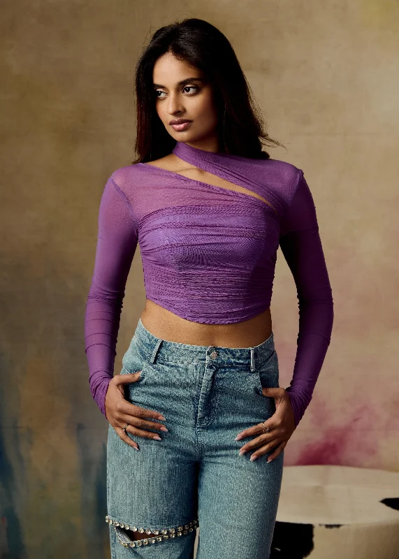 Classic Men's Jeans StyleArfa Purple Asymmetrical Neckline Ruched Mesh Corset Top