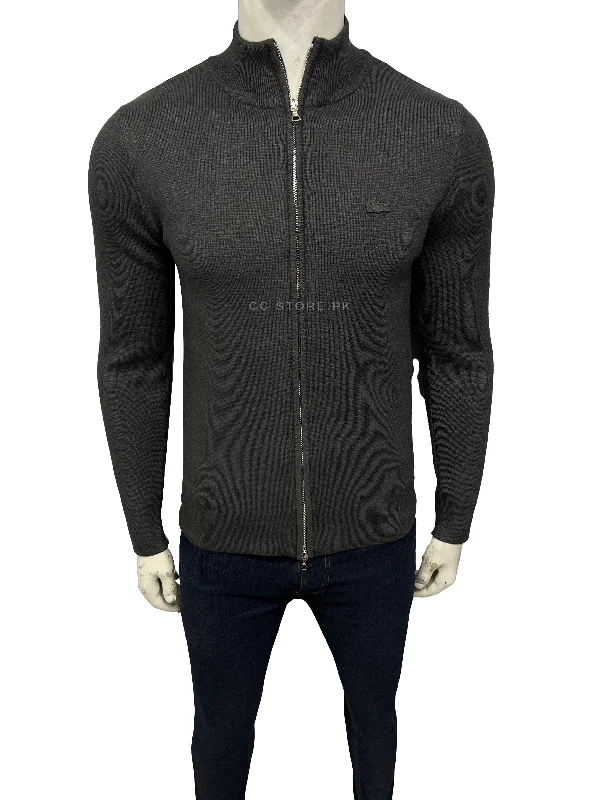 Men's Sweaters with Appliqué DetailsLacoste High Neck Zipped Wool Grey Cardigan