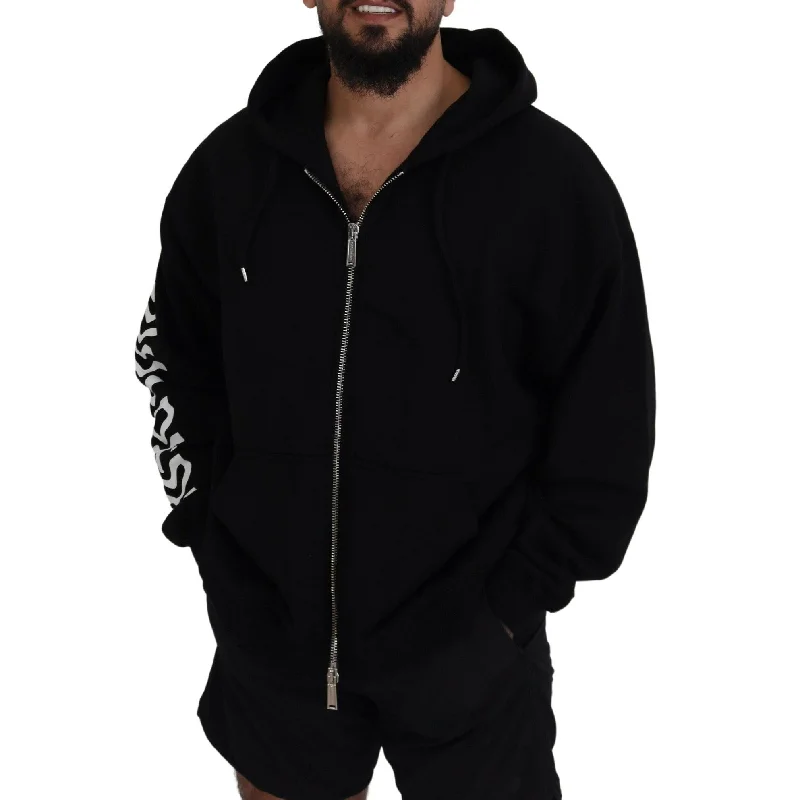 Men's Sweaters with Fold-Over CuffsDsquared² Black Hooded Full Zip Printed Sleeves Men's Sweater (Pre-Owned)