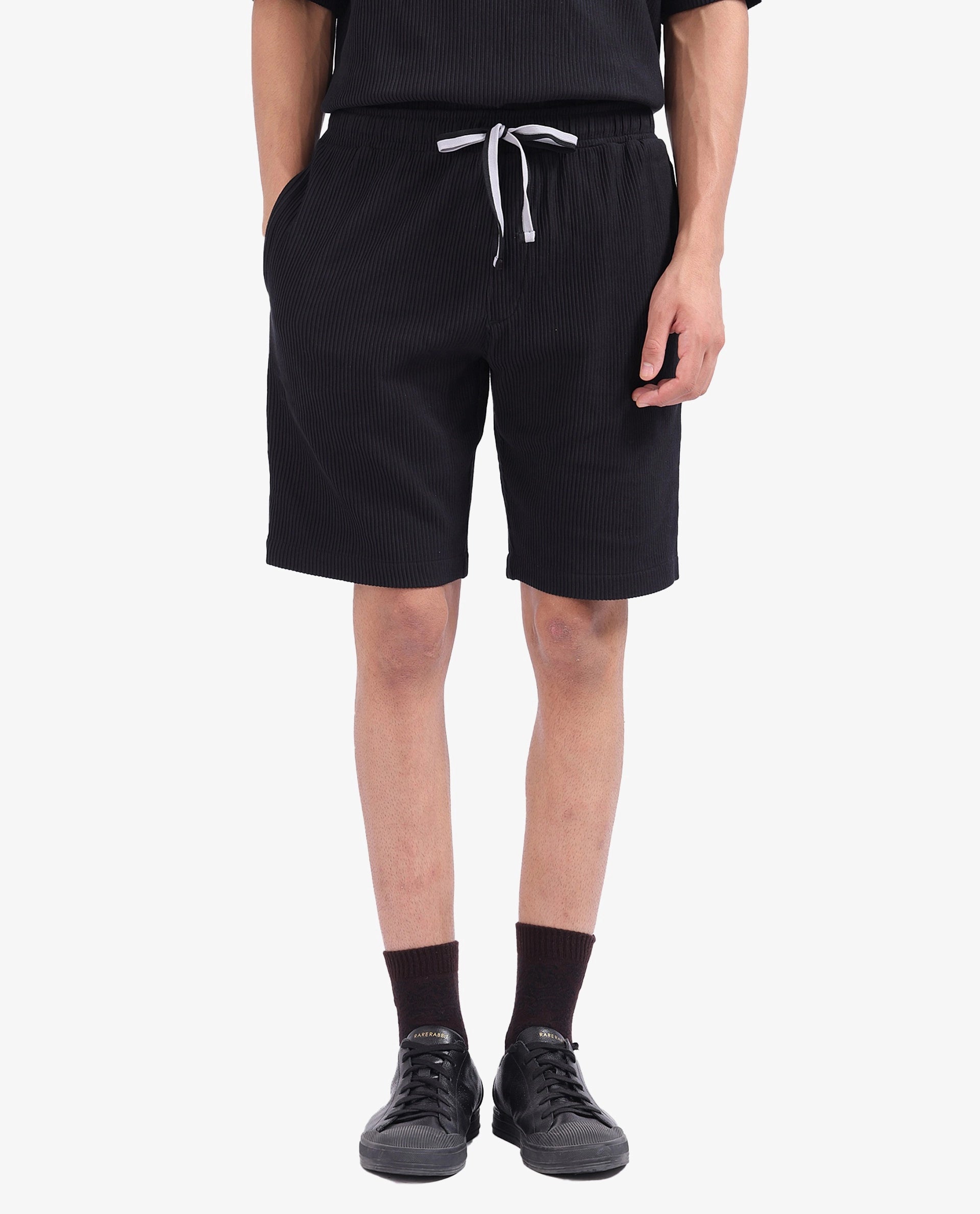Men's Pants with Elastic CuffsRare Rabbit Men Breto-1 Black Cotton Polyester Lycra Ribbed Texture Shorts