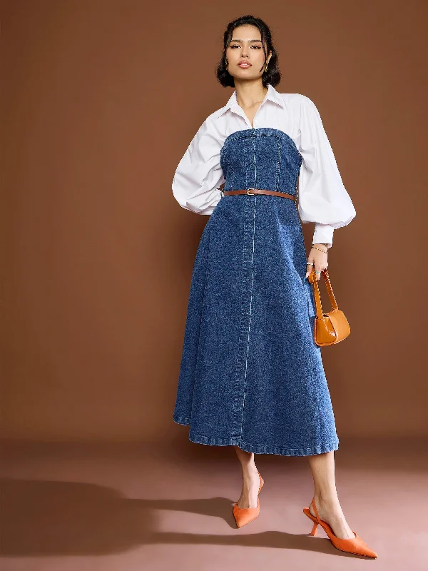 Inexpensive Rip and Tear Men's JeansWomen Blue Washed Denim Tube Dress