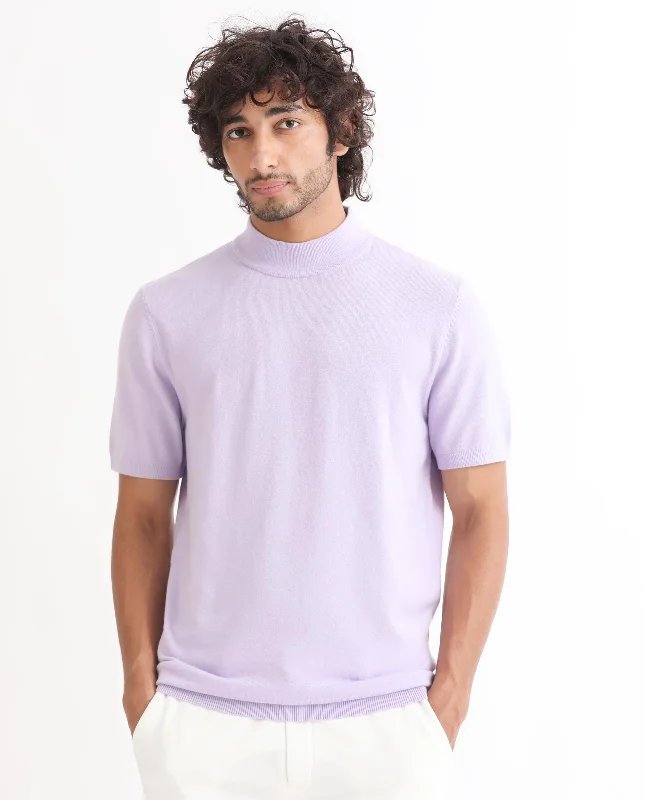 Men's Shirts with Roll-Up SleevesRare Rabbit Men's Alfet Pastel Purple Half Sleeves High Neck Knitted T-Shirt Men's Shirts with Roll-Up SleevesRare Rabbit Men's Alfet Pastel Purple Half Sleeves High Neck Knitted T-Shirt