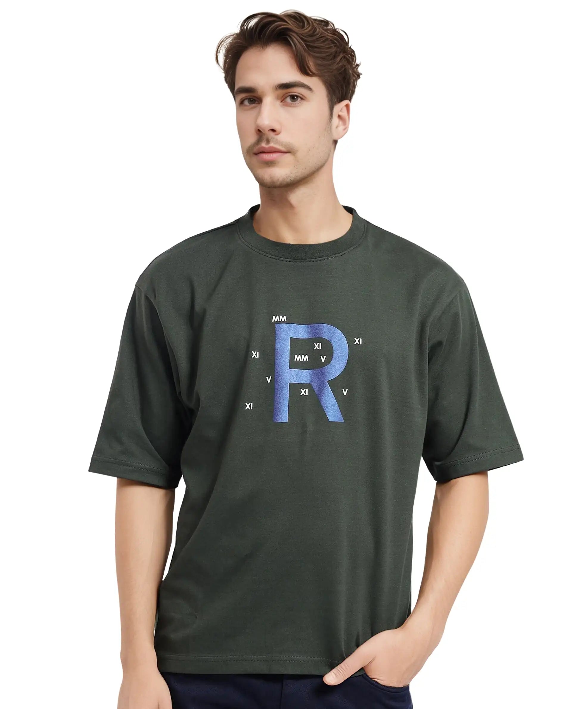 Men's Shirts with Striped PatternsRare Rabbit Men Leat Olive Cotton Polyester Fabric Short Sleeve Crew Neck Boxy Fit Printed T-Shirt Men's Shirts with Striped PatternsRare Rabbit Men Leat Olive Cotton Polyester Fabric Short Sleeve Crew Neck Boxy Fit Printed T-Shirt
