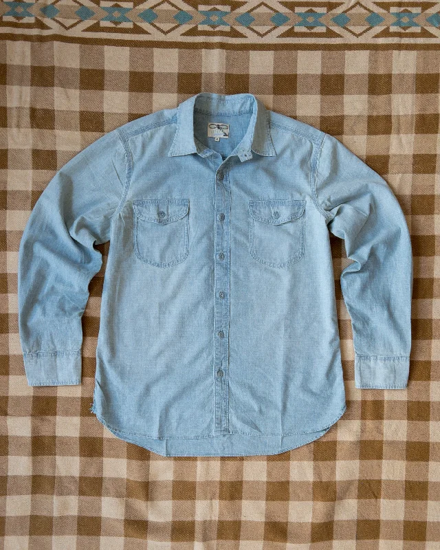 Men's Rugby Shirts for a Sporty LookChambray Workshirt - Distressed and Sunfaded Indigo Men's Rugby Shirts for a Sporty LookChambray Workshirt - Distressed and Sunfaded Indigo