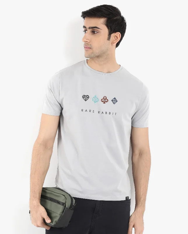 Men's Shirts with Button-Down PocketsRare Rabbit Men Elro Light Grey Cotton Lycra Fabric Short Sleeve Crew Neck Regular Fit Graphic Embroidery T-Shirt